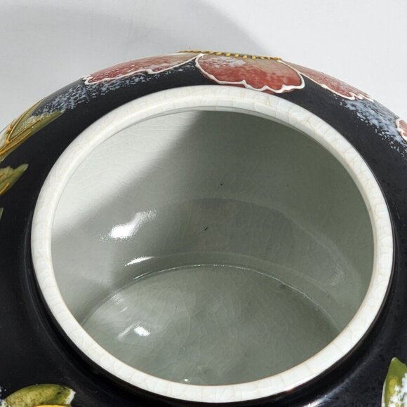 Hand-Painted Black Ceramic Jar Lid Pink & Green Floral Motif Fredrick Cooper - Picture 9 of 12